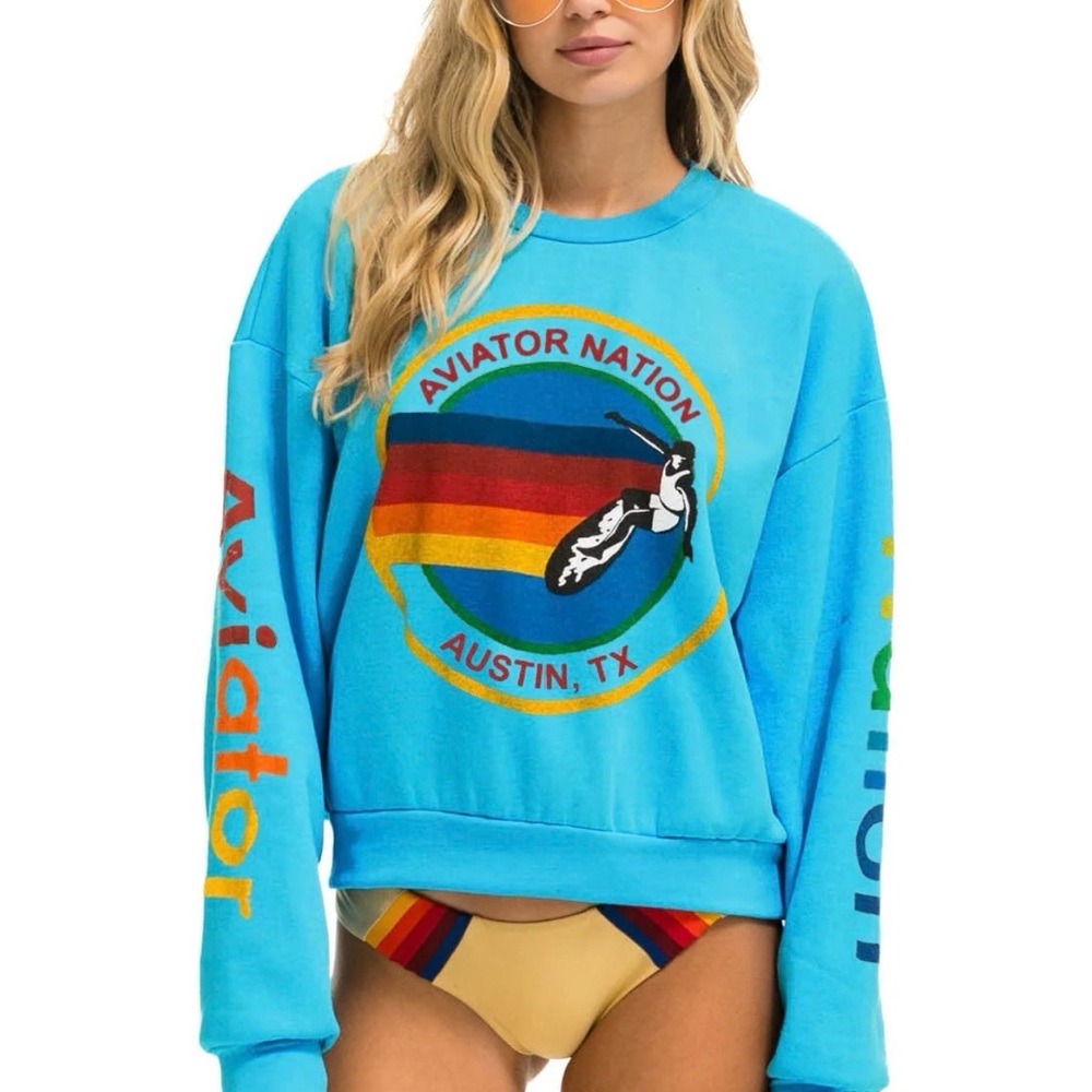 Aviator Nation Vibrant Blue Sweatshirt with Rainbow Graphic - XL